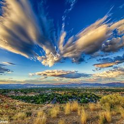 Image of the Truckee Meadows with shrub grasses in foreground and striking clouds in the sky.