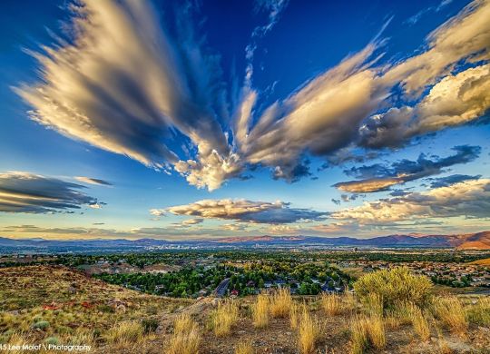 Image of the Truckee Meadows with shrub grasses in foreground and striking clouds in the sky.